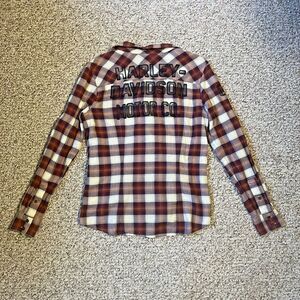 Harley Davidson Womens Metallic Plaid Button Up Shirt Size M Red Logo Biker